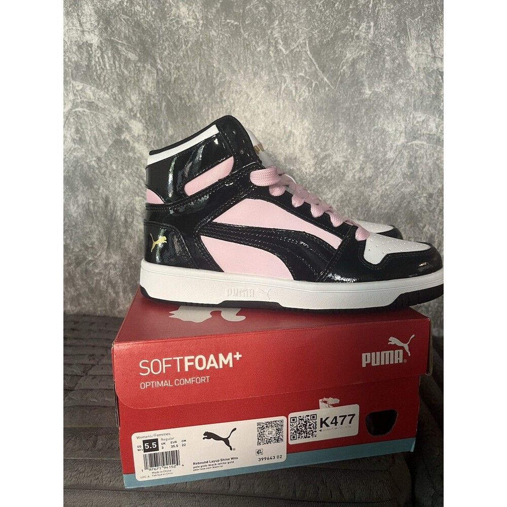 PUMA Rebound Layup Shine Womens 5.5 Pink Black Patent High Top Sneakers new